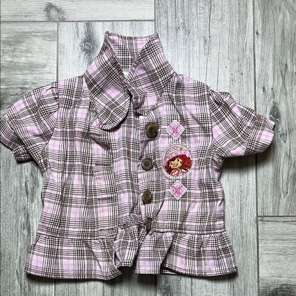 Vintage Plaid Strawberry Shortcake Pink Kids Shirt with Embroidered Patch| 3T - Picture 1 of 4
